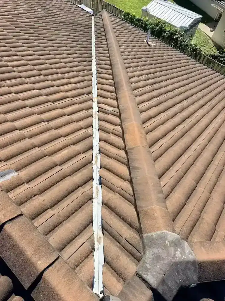 Overview photograph of a tiled roof ridge line