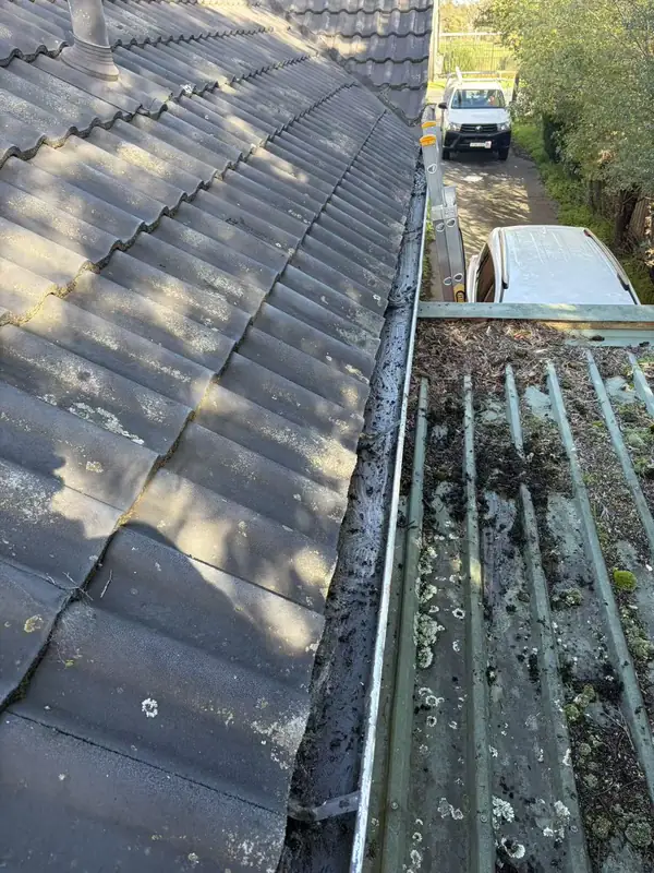 Owner-supplied wide photograph of tiled roof planes meeting beside a roof-drainage channel