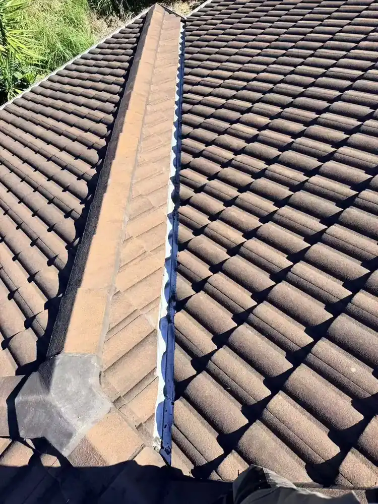 Owner-supplied wide view of a tiled roof valley