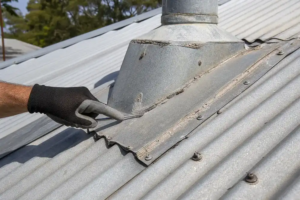 Simulated close condition scene of weathered metal-roof flashing and fasteners