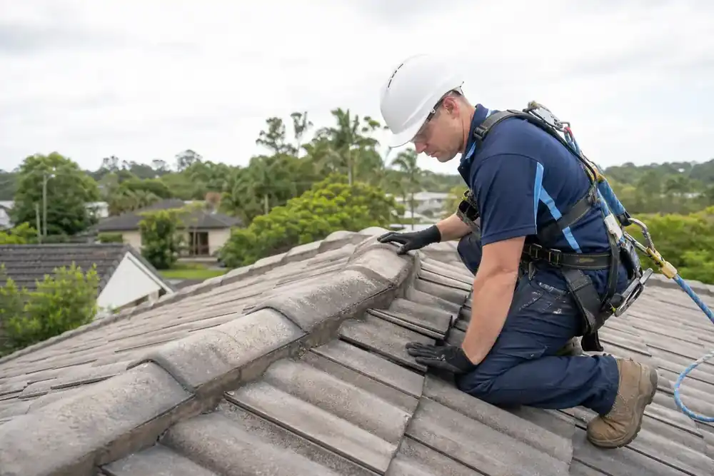 Simulated scene of a harnessed technician inspecting ridge tiles