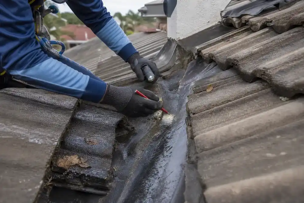 Simulated scene of a technician tracing a possible roof water-entry path