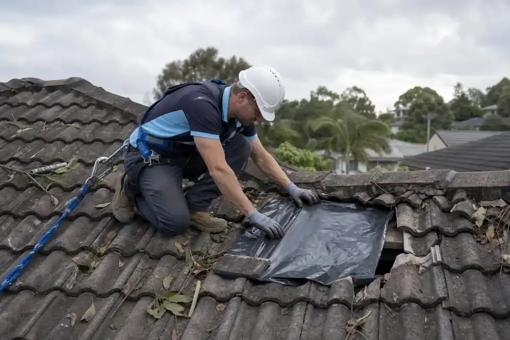 Simulated post-storm scene with a technician protecting a localised damaged area